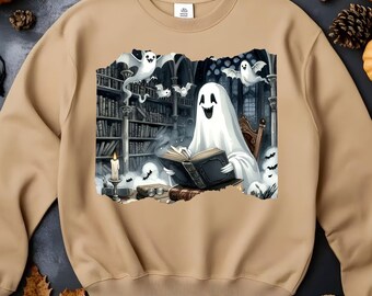 Retro Ghost Reading Books Sweatshirt, Librarian Ghost Halloween, Halloween Teacher Sweatshirt, Halloween Tee, Teacher Gift, Boo School, D337