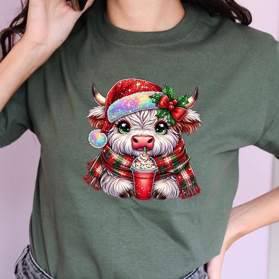Christmas Highland Cow Tee, Christmas Cow Shirt, Christmas Coffee Tee, Coffee Lover, Coffee Highland Cow T-Shirt, Santa Highland Cow, D036