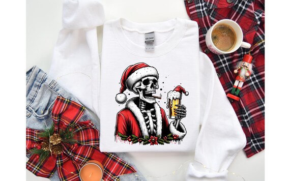 Skull Skeleton Alcohol Beer Shirt, Skeleton Drinking Tee, Skull Skeleton Shirt, Beer Shirt, Xmas Shirt, Drinking Shirt, Skeleton Santa,D089