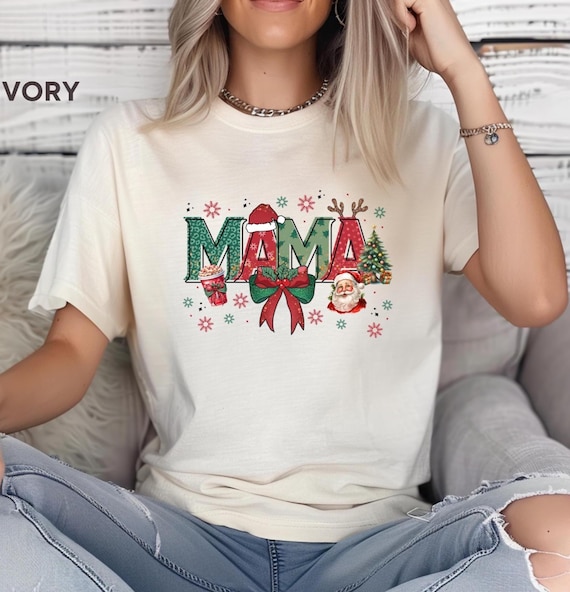 Comfort Colors® Christmas Mama Tee Coquette Xmas T-Shirt, Santa Hat Tee, Xmas Coquette, Mama Santa Shirt, Xmas Mama Bow Tee, Cute Mom, D021