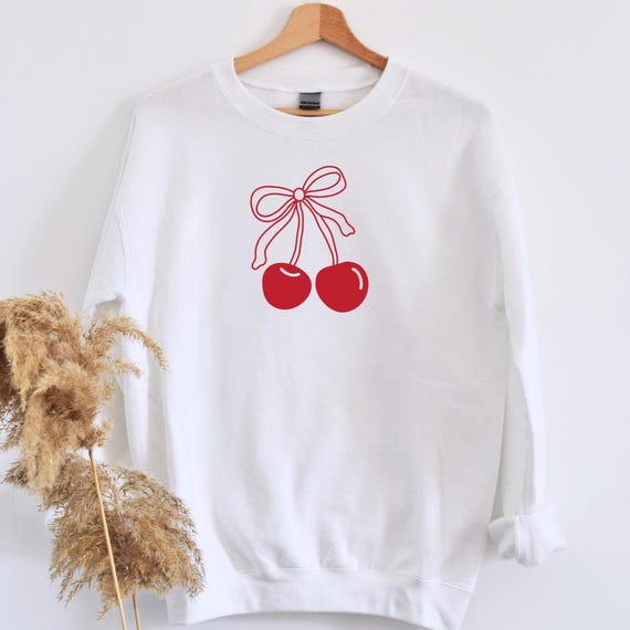 Cherry Bow Hoodie, Red cherry and bow oversized minimalist pullover, Cherry Bow Shirt, Girly Social Club, Trendy Pink Bow, cute hoodie, D390