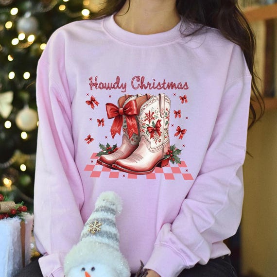 Howdy Xmas Boots Tee, Pink Cowboy Boots Xmas Shirt, Western Xmas Tee, Cowgirl Christmas Shirt, Pink Cowboy Boots, Western Boots Tee, D013