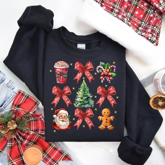Coquette Christmas Sweatshirt, Santa Christmas Sweater, Christmas Tree Sweatshirt, Retro Christmas Sweatshirt, Christmas Gift Tee, D059