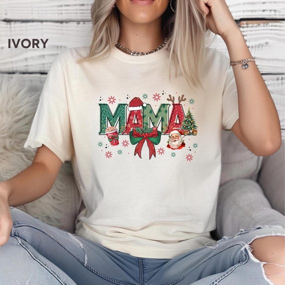 Comfort Colors® Christmas Mama Tee Coquette Xmas T-Shirt, Santa Hat Tee, Xmas Coquette, Mama Santa Shirt, Xmas Mama Bow Tee, Cute Mom, D021