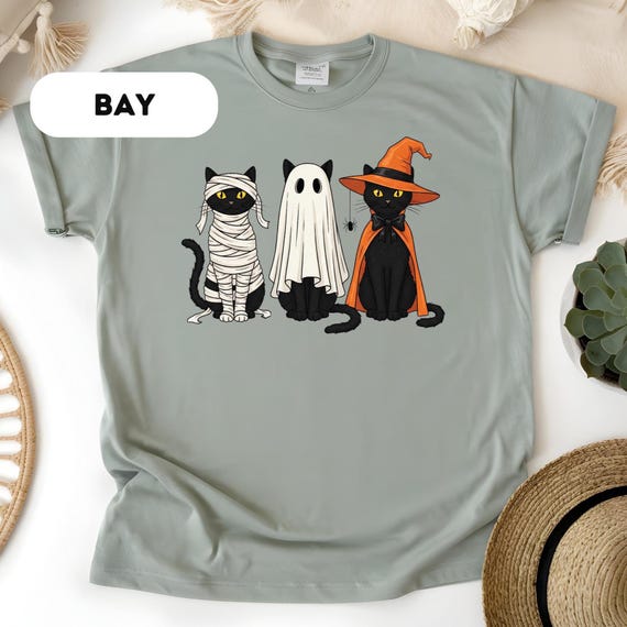 Comfort Colors®, Halloween Black Cat & Ghost Shirt, Halloween Ghost Tshirt, Spooky Season Cat Tee, Halloween Cute Women, Halloween Gift,D352