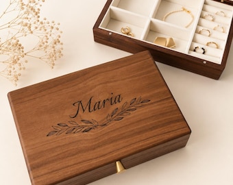 Personalized Walnut Jewelry Box with Name – Custom Engraved Gift for Her, Mother's Day Gift, Luxury Keepsake Box