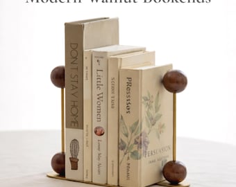 Juego de sujetalibros de nogal macizo: soportes de madera esculturales con base de latón, decoración estética para estanterías, regalo para amantes de los libros.