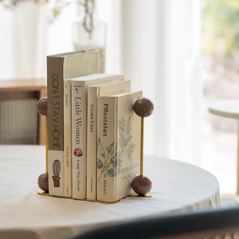 Walnut Wood Bookends With Brass Base – Modern Minimalist Desk Bookends ...