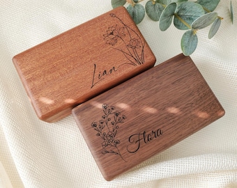Joyero de madera personalizado con grabado personalizado, regalo con nombre personalizado para ella, estuche de viaje para joyas con diseño floral.