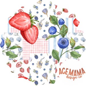 May include: A digital paper pack featuring watercolour illustrations of strawberries, blueberries and other berries. The patterns include gingham, stripes and floral designs. The text "ACE MAMA design co" is in the bottom right corner.