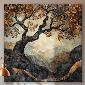 Lienzo enmarcado con paisaje natural, impresión abstracta de árbol otoñal, arte de lienzo de lujo, pintura en mosaico, impresión con efecto mármol, decoración, regalo listo para colgar