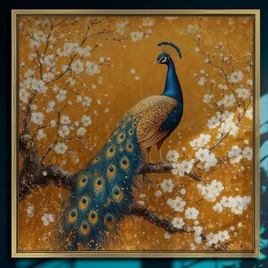 Impresión en lienzo enmarcada de pavo real sobre rama, impresionante pájaro con flor de cerezo, arte de lienzo de lujo, pintura de animales, impresión, decoración aviar, lista para colgar