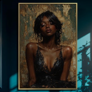 Elegance Black Woman Framed Canvas Print Mysterious Lady Luxury Canvas Art Contemporary Gothic Painting Print Fashion Decor Ready to Hang