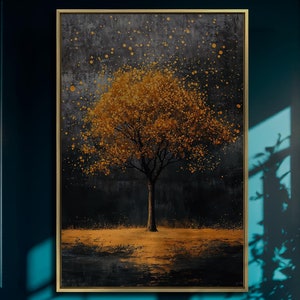 Impresión en lienzo con marco de árbol de otoño, impresionante lienzo artístico de lujo con noche estrellada, pintura de hojas caídas, decoración del árbol de la vida, regalo listo para colgar