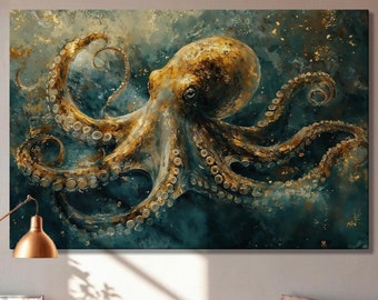 Golden Octopus Framed Canvas Print Abstract Deep Sea Luxury Canvas Art Underwater Life Painting Print Nautical Home Decor Ready to Hang