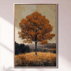 Impresionante lienzo enmarcado con impresión de árbol, follaje dorado, arte de lienzo de lujo, pintura de paisaje rústico, impresión de decoración de campo de otoño, regalo listo para colgar