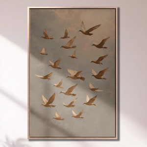 Impresión en lienzo con marco de bandada de pájaros, arte de lienzo de lujo de vida silvestre, pintura aviar moderna, póster beige, decoración minimalista para el hogar, lista para colgar