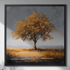 Impresionante lienzo enmarcado con impresión de árbol otoñal, hojas doradas otoñales, arte de lienzo de lujo, pintura botánica, impresión de paisaje rústico, decoración lista para colgar