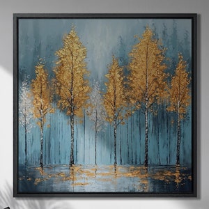 Impresión en lienzo enmarcada de bosque místico, árboles dorados, arte de lienzo de lujo, pintura abstracta azul y dorada, impresión de escena otoñal, decoración lista para colgar