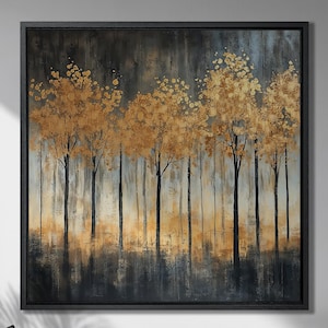 Lienzo enmarcado con siluetas de bosque, impresión de follaje dorado, arte de lienzo de lujo, pintura de árbol alto, impresión abstracta, belleza natural, decoración lista para colgar