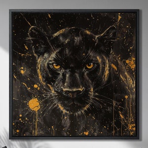 Mystical Black Panther Framed Canvas Print Wild Cat Face Luxury Canvas Art Abstract Animal Painting Print Wildlife Decor Gift Ready to Hang