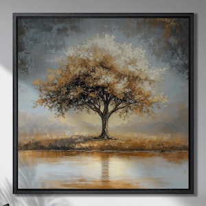 Impresión en lienzo enmarcada de árbol solitario junto al agua, paisaje otoñal, arte de lienzo de lujo, pintura con follaje dorado, decoración de naturaleza serena, lista para colgar