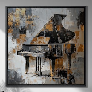 Grand Piano Framed Canvas Print Black Gold Luxury Canvas Art for Music Lovers Painting Print Musical Poster Stylish Home Decor Ready to Hang