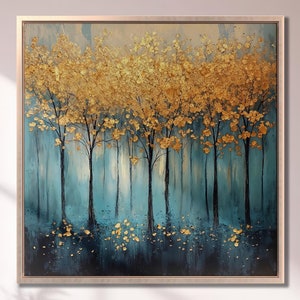 Lienzo enmarcado con árboles y hojas doradas, impresión abstracta en un bosque brumoso, arte de lujo en lienzo, pintura otoñal, decoración de naturaleza serena, listo para colgar