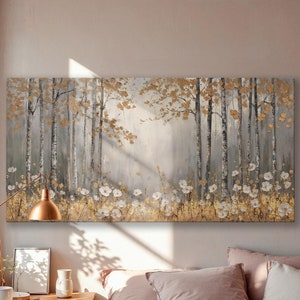 Lienzo enmarcado con diseño de bosque otoñal tranquilo, flores silvestres blancas, arte de lienzo de lujo, pintura abstracta de naturaleza, impresión, decoración de paisaje dorado, listo para colgar