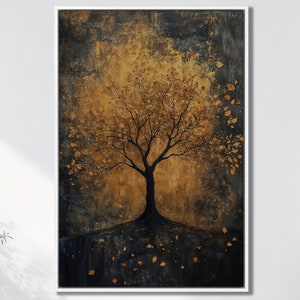 Lienzo enmarcado con impresión de árbol de otoño con hojas caídas, arte abstracto de noche, pintura de temporada, decoración de pared gótica, listo para colgar
