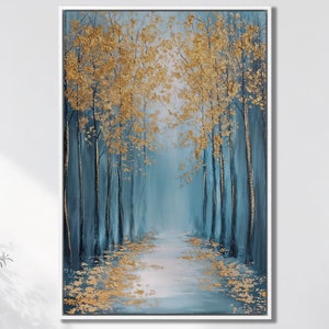 Lienzo enmarcado con impresión de un camino sereno en el bosque, árboles otoñales, arte de lienzo de lujo, hojas doradas, pintura impresa, decoración de la naturaleza, regalo listo para colgar