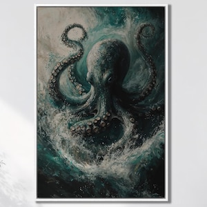 Octopus Kraken in Dark Depths Framed Canvas Print Underwater World Luxury Canvas Art Sea Monster Painting Print Creepy Decor Ready to Hang