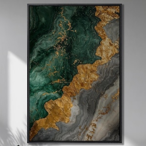 Green Golden Gray Marble Framed Canvas Print Abstract Luxury Canvas Art Fluid Effect Painting Print Minimalist Art Decor Gift Ready to Hang