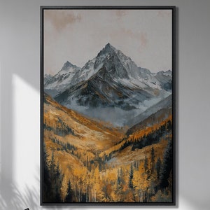 Impresión en lienzo enmarcada de montaña rocosa nevada, arte de lienzo de lujo con bosque otoñal, pintura de paisaje natural, decoración salvaje lista para colgar