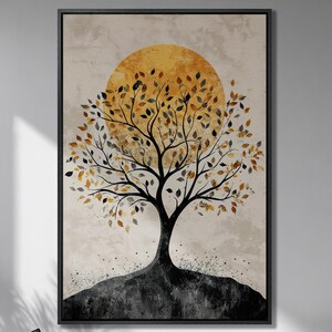 Impresión en lienzo enmarcada con el árbol de la vida negro, arte abstracto de lujo con sol dorado, pintura de hojas de otoño, impresión geométrica, decoración lista para colgar