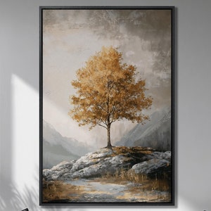 Lienzo enmarcado con impresión de árbol otoñal solitario, paisaje de montaña, arte de lienzo de lujo, pintura de temporada dorada, decoración de naturaleza moderna, listo para colgar