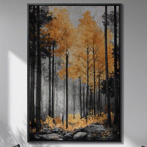 Lienzo enmarcado con árboles dorados en un bosque oscuro, impresión artística de lujo con follaje otoñal, pintura en gris y amarillo, decoración de la naturaleza, listo para colgar