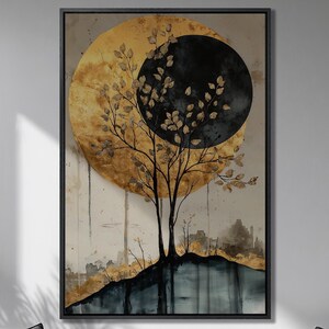 Impresión en lienzo enmarcada de árbol místico iluminado por la luna, arte de lienzo de lujo con árboles otoñales, pintura circular negra y dorada, decoración geométrica, lista para colgar