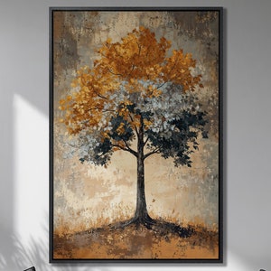 Lienzo enmarcado con impresión de árbol otoñal solitario, follaje dorado y gris, arte de lienzo de lujo, pintura abstracta, decoración rústica de naturaleza, listo para colgar