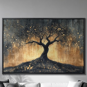 Lienzo enmarcado con silueta de árbol gótico, impresión de paisaje dorado, arte de lienzo de lujo, pintura abstracta de otoño, impresión, decoración elegante, lista para colgar