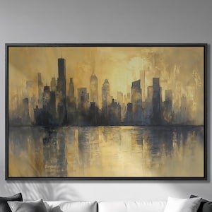 Modern Cityscape Framed Canvas Print City Skyline Luxury Canvas Art Black and Gold Painting Print Panoramic Urban Decor Gift Ready to Hang