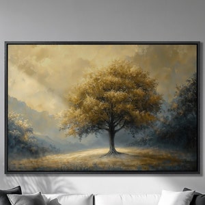 Maravilloso paisaje enmarcado Impresión en lienzo Gran árbol dorado Arte de lienzo de lujo Impresión de pintura de naturaleza otoñal Decoración de pared lista para colgar