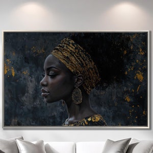 African Woman Framed Canvas Print Black Girl Profile Luxury Canvas Art Gold Jewelry Elements Painting Print Fashion Decor Gift Ready to Hang