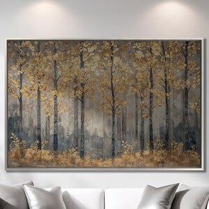 Lienzo enmarcado con impresión de bosque gótico otoñal, árboles dorados abstractos, arte de lienzo de lujo, pintura de follaje otoñal, decoración de la naturaleza, regalo listo para colgar