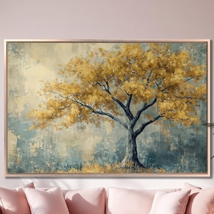 Impresionante lienzo enmarcado con impresión abstracta de follaje otoñal, arte de lienzo de lujo, pintura de naturaleza dorada, decoración rústica lista para colgar