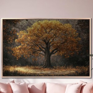 Lienzo enmarcado con diseño de árbol otoñal majestuoso, impresión artística de lujo con bosque oscuro, pintura con follaje dorado, decoración de paisaje natural, listo para colgar