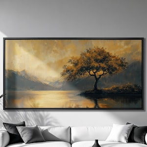 Lienzo enmarcado con diseño de árbol junto al lago, impresión de paisaje de montañas, arte de lienzo de lujo, pintura de escena otoñal, decoración de pared de naturaleza, regalo listo para colgar
