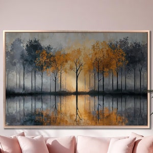 Impresión en lienzo enmarcada con escena de bosque sereno, árboles abstractos, reflejo, arte de lienzo de lujo, pintura gris y naranja, impresión, decoración de otoño, lista para colgar