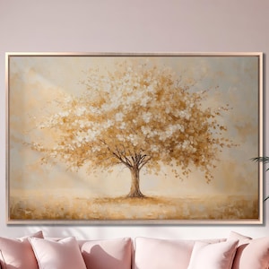 Impresión en lienzo enmarcada del árbol simbólico de la vida, flores blancas, tonos beige, arte de lienzo de lujo, pintura otoñal, decoración de la naturaleza, lista para colgar