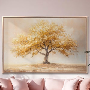 Impresión en lienzo enmarcada de árbol de otoño en el campo, hojas de color amarillo anaranjado, arte de lienzo de lujo, pintura botánica, impresión encantadora, decoración de naturaleza lista para colgar